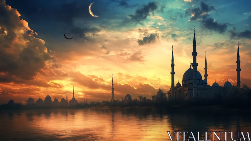 Crescent moon above riverfront mosque skyline at vivid dusk