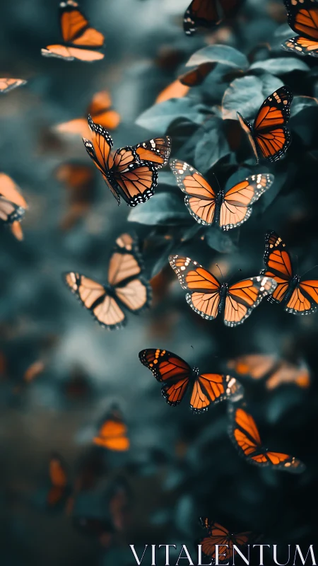 Monarch butterflies in flight over foliage background.