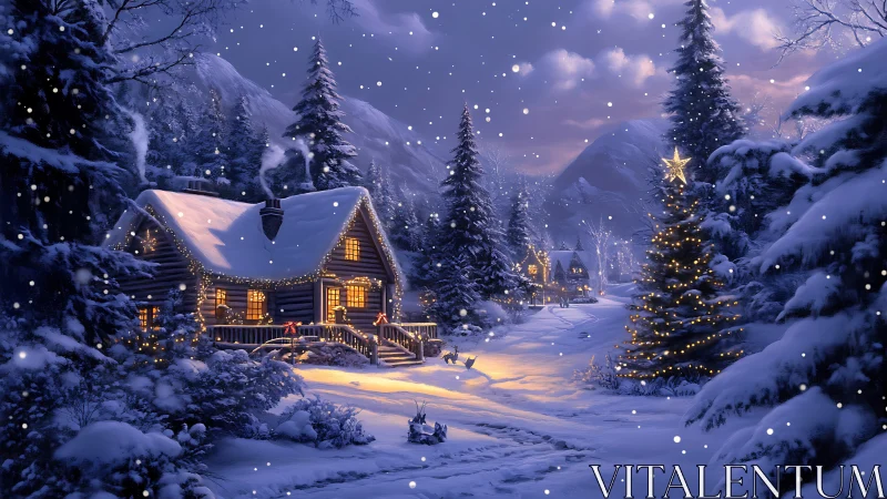 Snow-kissed cabin dreams glow warmly beneath winter starlight
