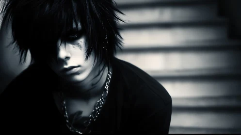 High-contrast emo portrait with desaturated tonal range and stair bokeh