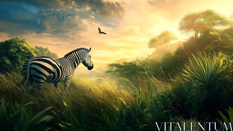 Striped wanderer pauses in molten-gold savanna sunrise.
