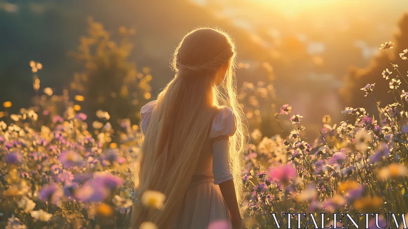 Backlit girl with long blond hair in meadow at golden hour