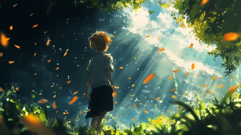 Boy in sunlit forest clearing under falling orange leaves.