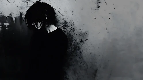 Solitary figure dissolves into abstract monochrome particles