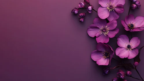 Magenta Cosmos Flowers Against Monochromatic Purple Backdrop.