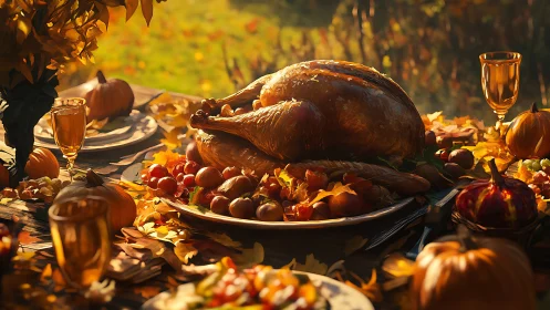 Golden roast turkey anchors sunlit autumn harvest tablescape