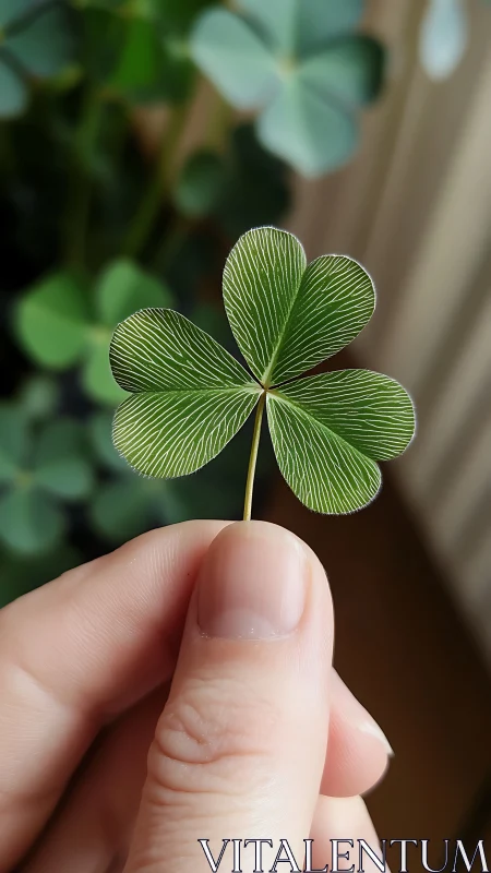 Hand holding detailed green clover leaf in soft focus background.