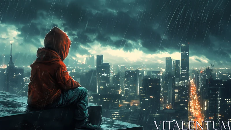Hooded figure overlooking illuminated city in heavy rain.
