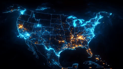 Glowing digital map shows illuminated US states and city clusters