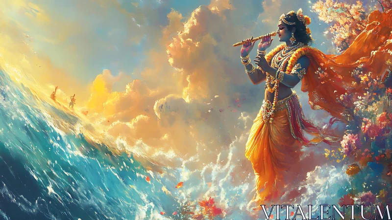 Divine flutist beside luminous sea and blazing horizon.