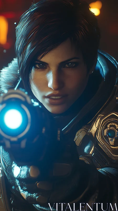 Photorealistic sci-fi heroine with luminous plasma sidearm.