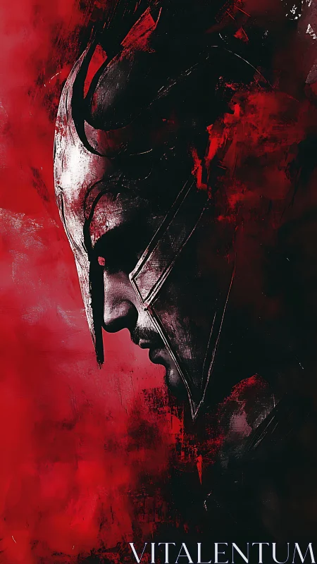 Warrior in profile wearing battle helmet on red ground.