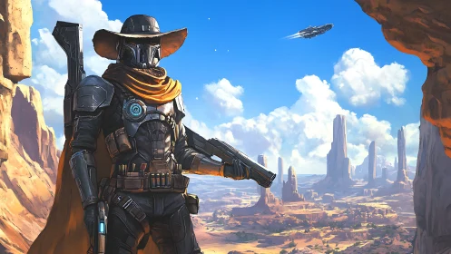 Cyber cowboy ranger patrols sunlit alien canyon frontier.