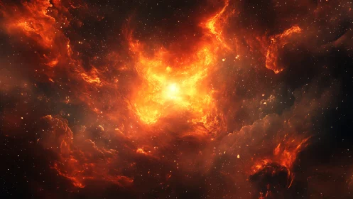 Fiery orange nebula cloud with dense central light core.
