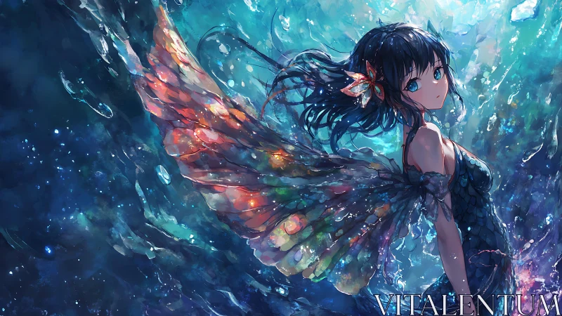 Iridescent winged mermaid drifts in a shimmering ocean dream