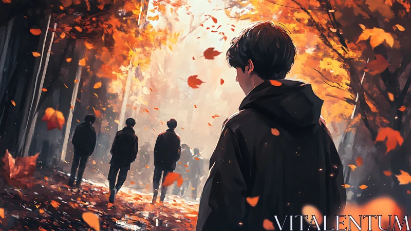 Solitary figure walks through glowing, windswept autumn street