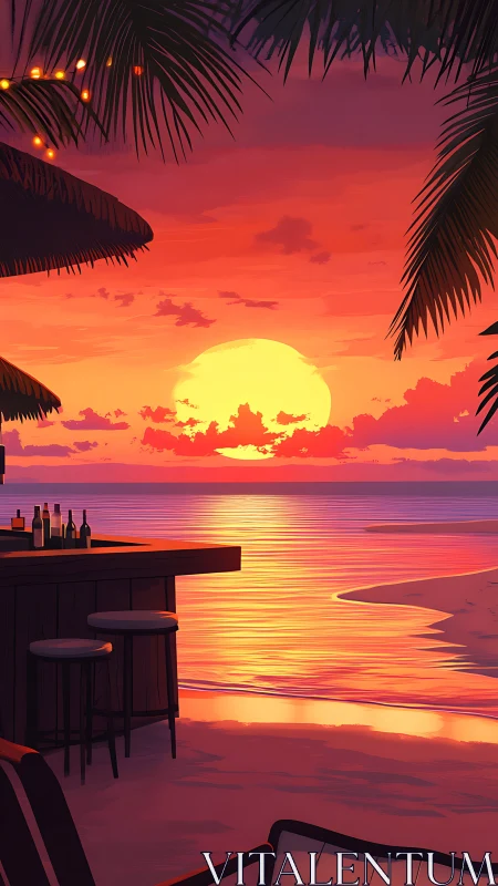 Golden beach sunset pours warm light over a tranquil bar