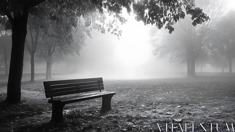 Solitary park bench cradled in whispering morning fog.