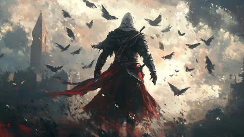 Hooded figure observes circling birds over ruined cityscape