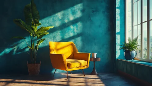 Yellow armchair in teal room with plants and sunlight.