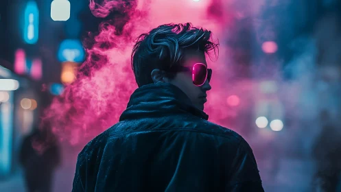 Neon-soaked city drifter in pink vapor haze at night.