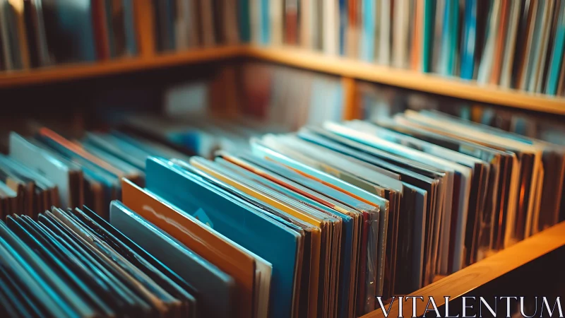 Vinyl record sleeves in warm-lit wooden archive shelves.