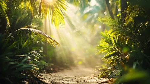Sunlight penetrates dense tropical foliage along narrow path
