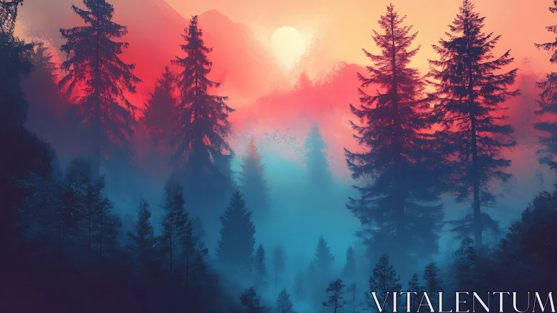 Misty Forest Sunrise with Coniferous Trees and Mountain Backdrop.