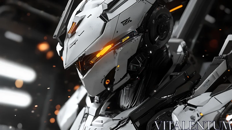 Chrome war-sentinel with ember eyes in industrial starlight.