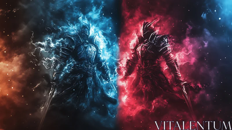 Dual armored figures in opposing blue and red energy fields.