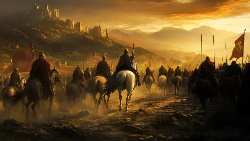 Mounted medieval column advancing toward fortified hill city.