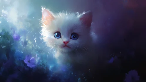 Ethereal White Kitten in Mystical Glowing Garden