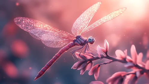 Dragonfly daydream in glowing pink sunset light.