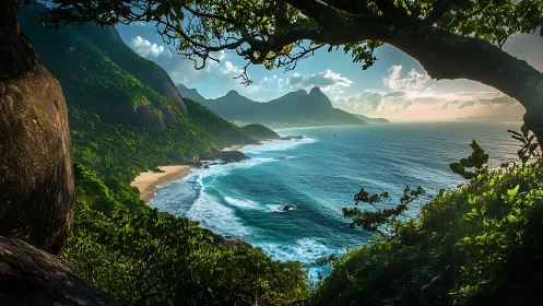 Hidden jungle lookout over a sunlit tropical shoreline.