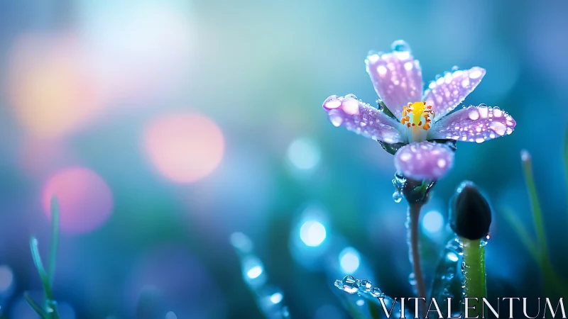 Dewy purple bloom catches morning light with bokeh depth.