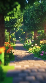 Pixelated forest path extends through sunlit blocky garden