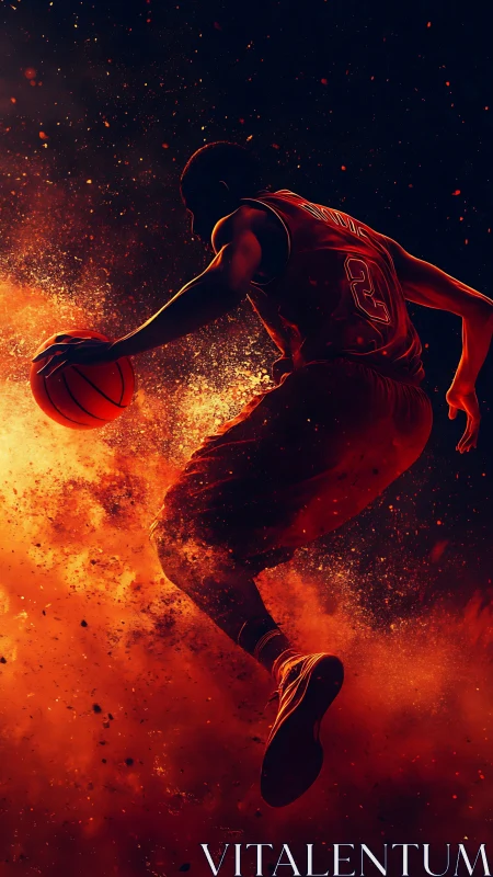 Silhouetted basketball player in dynamic jump over sparks.
