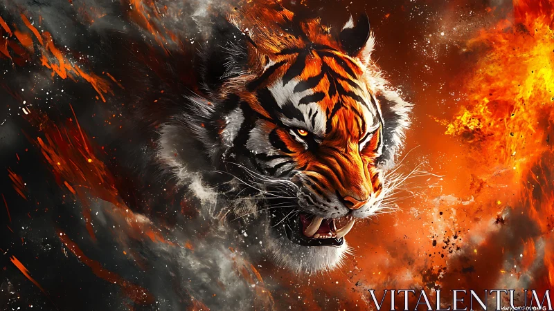 Blazing Ember Tiger Roaring Through Cosmic Firestorm.