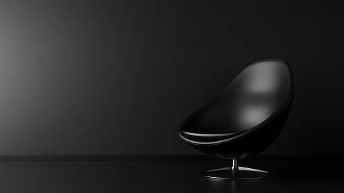Minimalist black lounge chair curves against dark wall.