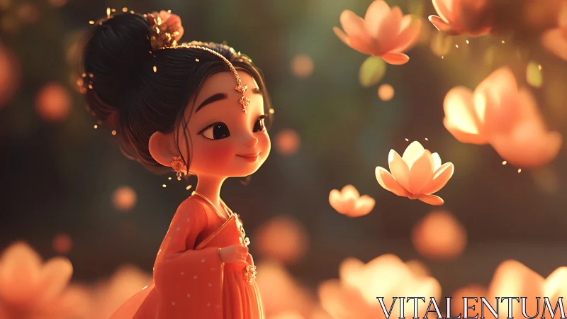 Stylized girl in traditional dress among floating flowers.