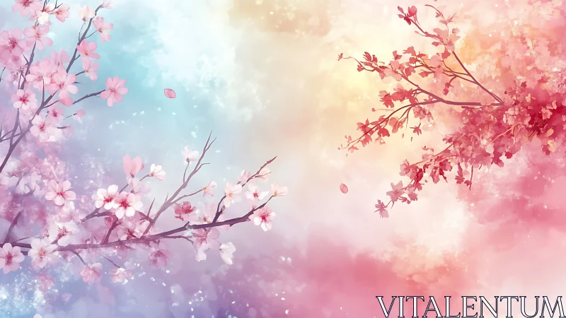 Cherry blossoms and maple leaves rendered across gradient sky with bokeh depth