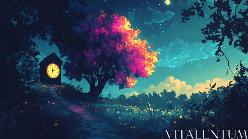 Clock cabin beside luminous tree in night meadow landscape.