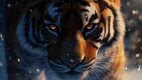 Low-angle hyperreal tiger portrait in dynamic snowfield lighting.