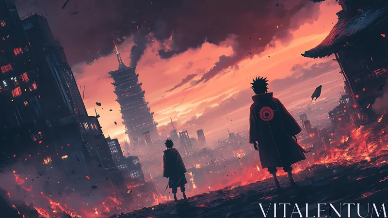 Apocalyptic anime skyline with cloaked warriors at dusk.