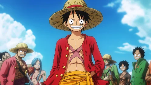 Sunlit straw-hat captain strides forward with grinning courage