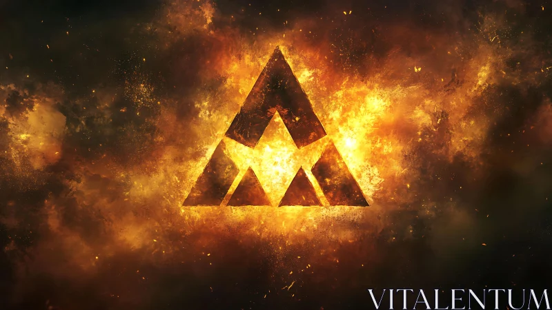 Fiery Abstract Triangle Symbol in Explosive Digital Art Style.