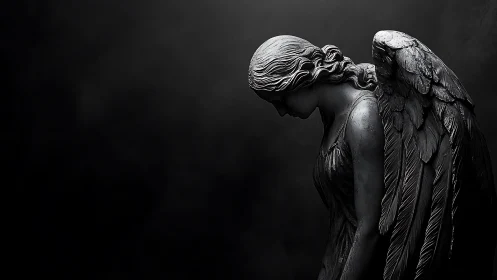 Somber stone angel against dark empty negative space.