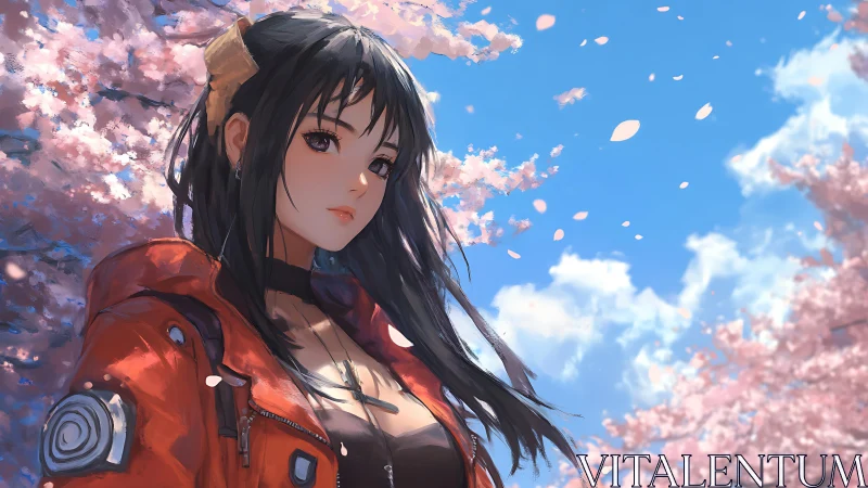 Woman in red jacket stands among cherry blossoms outdoors