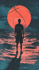 Midnight court dreams under a rising neon basketball moon.