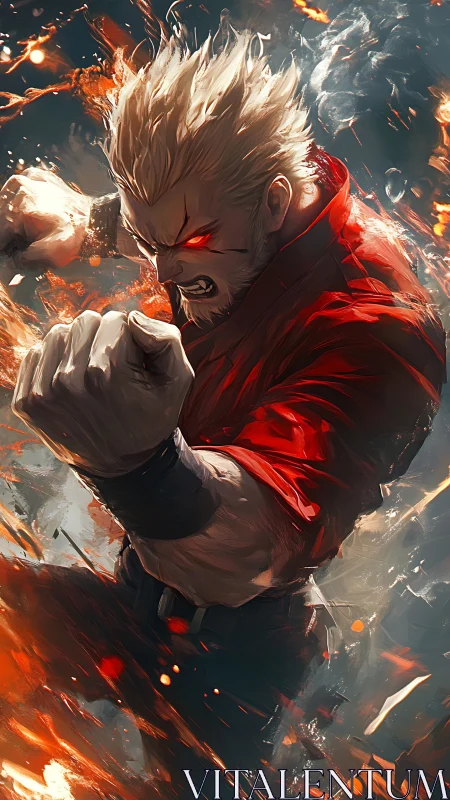 Male fighter with glowing eyes executes forward punch motion